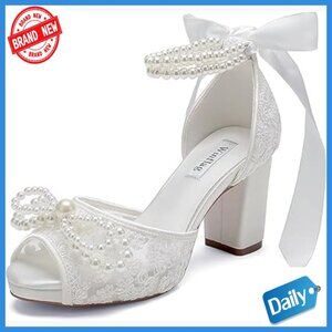 Lace Pearl Platform Heels Wedding Shoes Peep Toe Ankle Strap Bridal